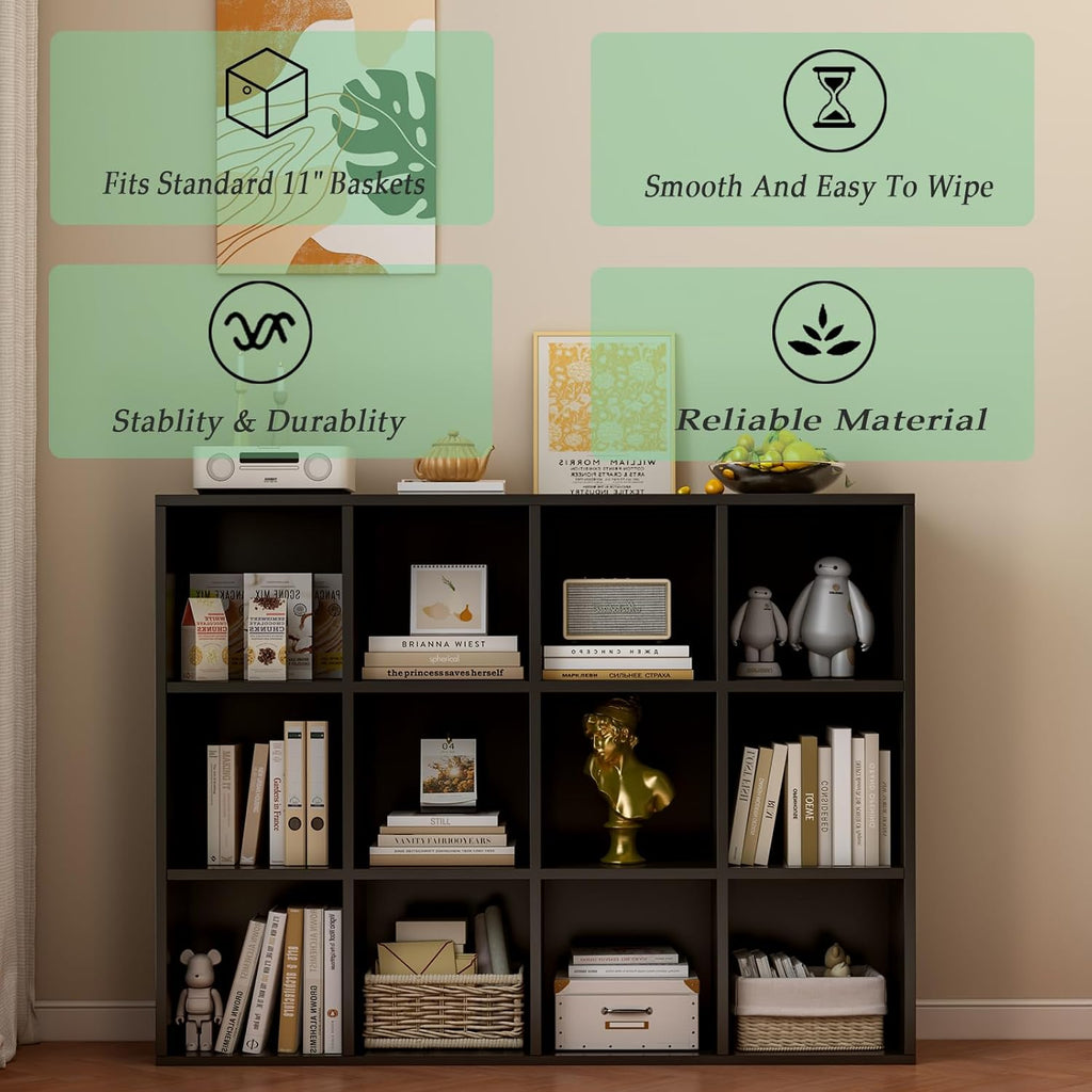 12-Cube Storage Shelf Bookcase - Wooden 3-Tier Floor Standing Open Bookshelf for Home and Office, Display Cabinet, Black
