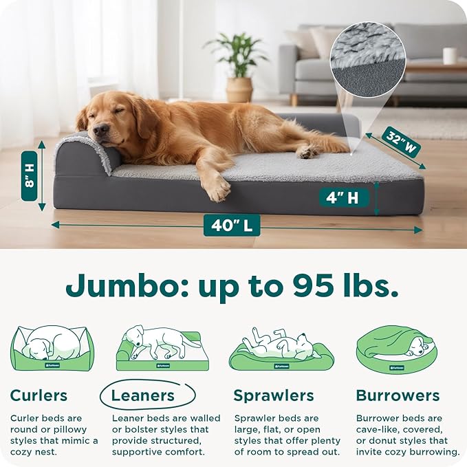 Furhaven Orthopedic Dog Bed for Large Dogs w/ Removable Bolsters & Washable Cover, For Dogs Up to 95 lbs - Two-Tone Plush Faux Fur & Suede L Shaped Chaise - Stone Gray, Jumbo/XL