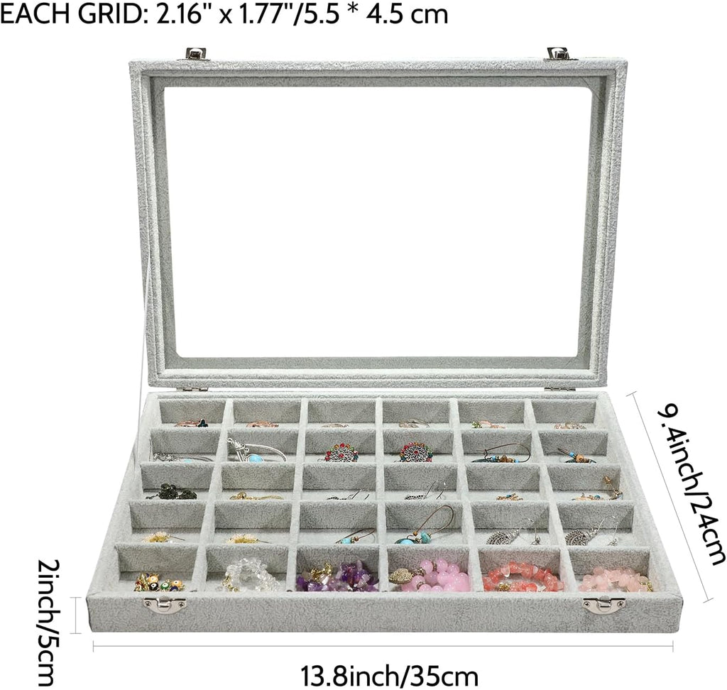 Stratalife Jewelry Organizer Jewelry Holder Storage Earring Organizer Box Tray with Lid Velvet Earring Display for Drawer 30 Grid Grey