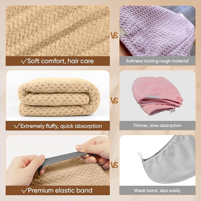 HOMEXCEL 5 Pack Microfiber Hair Towels - 40 x 20 inches Super Soft, Fast Drying Turbans for Long, Thick, Curly Hair - Anti Frizz Wrap with Elastic Strap, Brown/Grey