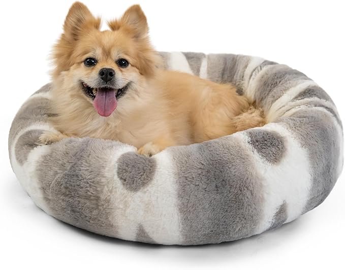 Best Friends by Sheri Patterned Lux Faux Fur Calming Donut Dog Bed, Gray, Small, 23x23