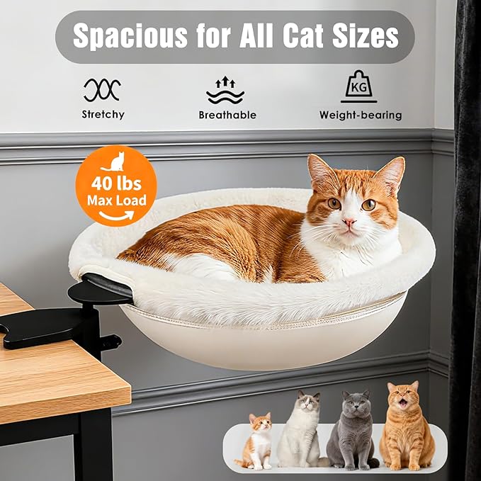 IPOW Heavy Duty Steel Frame 180° Rotating Cat Desk Bed Semi-Circular Cat Bed, Soft Faux Rabbit Fur Material, Suitable for Various Desktops-Maximum Hold Up to 40lb