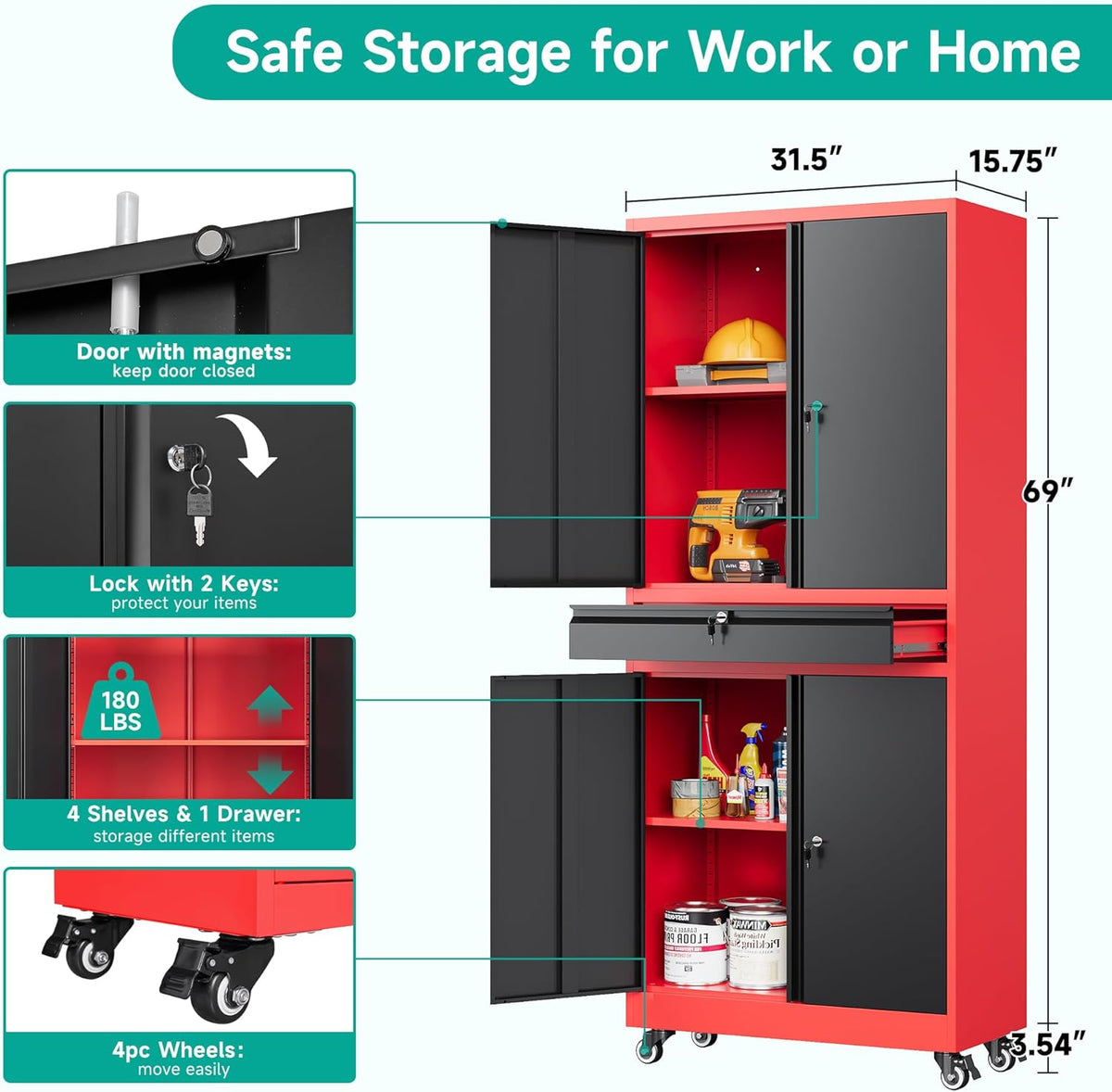 SISESOL Metal Storage Cabinet with Wheels and Drawer,Rolling Garage Storage Cabinet with Lock,Black Red Metal Cabinets with Wheel,73" Mobile Tall Tool Cabinets on Wheel for Home,Office,Garage,Shop