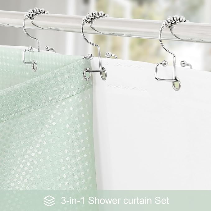 Craidlela 3 in 1 Stall Half Size Mint Green Shower Curtain Set-36 W x 72 H, Modern Waffle Waterproof Fabric and PEVA Liner Set with Stainless Steel Hooks