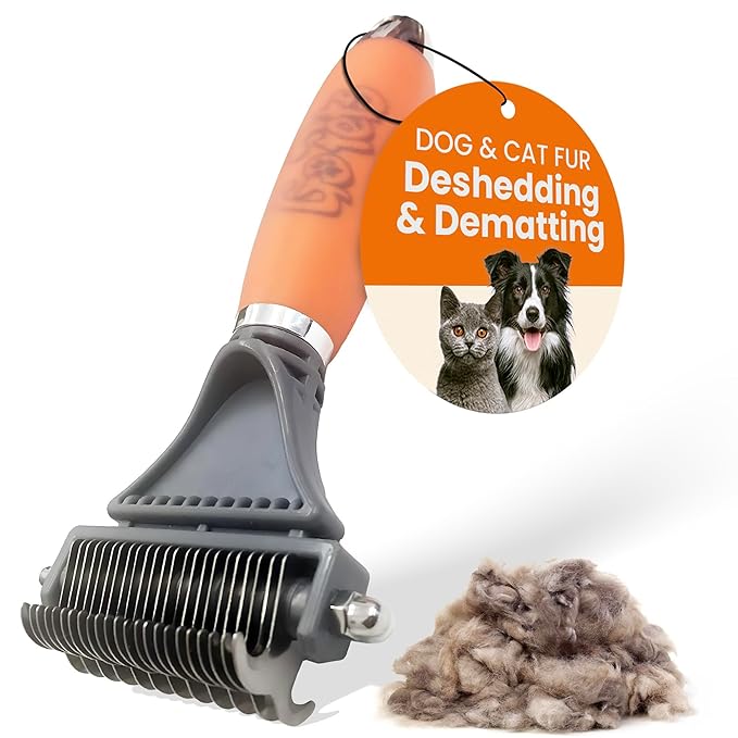 GoPets Dematting Comb for Dogs, Pet Grooming Rake, Double-Sided Dog Brush for Shedding, Deshedding Brush for Cats, Undercoat Mat Dematting Tool for Long Haired Cats, Cat Comb for Grooming Matting Hair