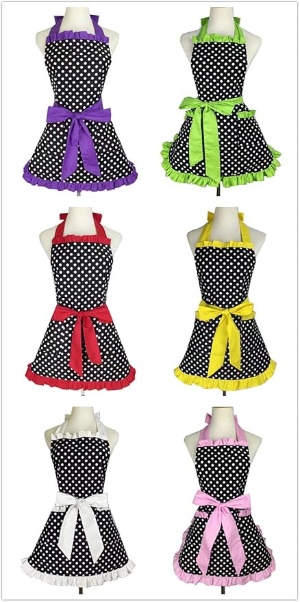 Hyzrz Cute Apron Retro Black Polka Dot Retro Ruffle Side Vintage Cooking Aprons with Pockets for Women Girls (Side Purple)