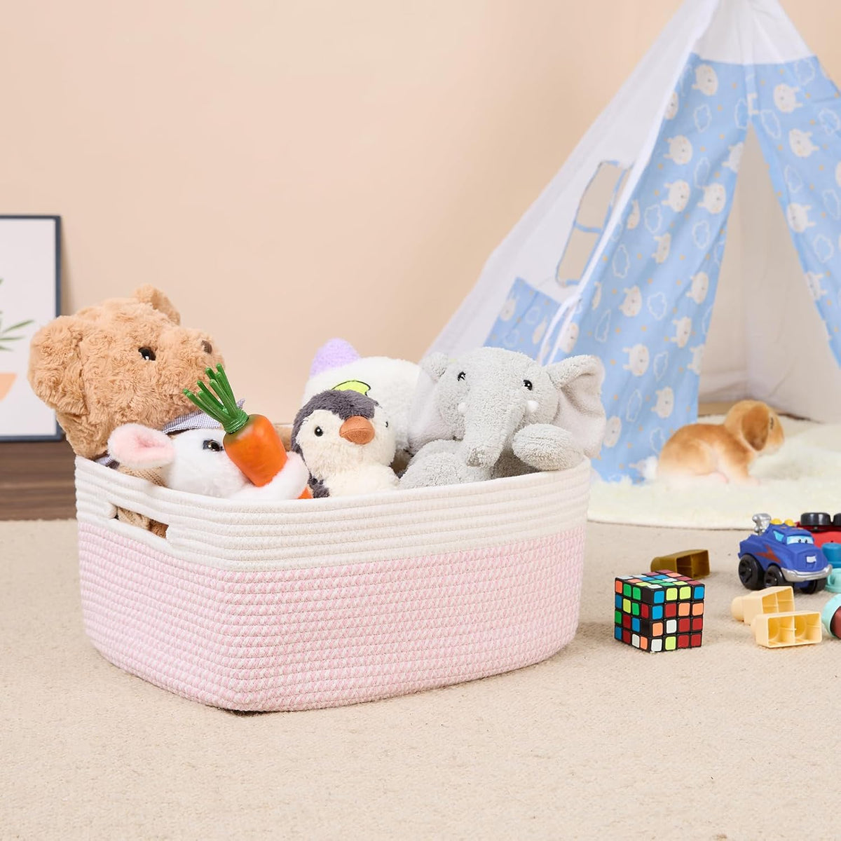 Large Storage Baskets for Shelves, Closet Organizers Bins for Clothes Blanket Towels, Baby Nursery, Toy Baskets Box, Woven Rope Baskets, 17 x 13 x 7.5”, 2 Packs Woven Pink