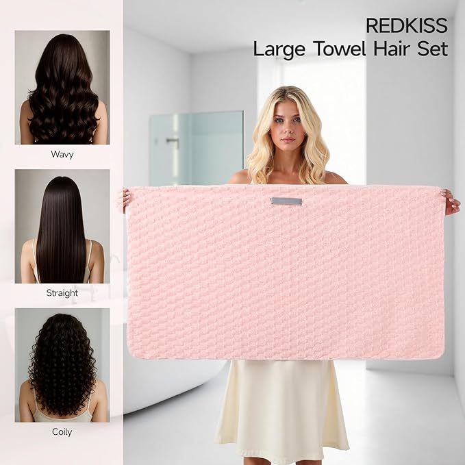 REDKISS 2 Pack Microfiber Hair Towels - Extra Large Hair Towel Wrap for Women, 24x42 inch Pink Hair Towels with Elastic Strap, Super Soft Grey Hair Drying for Long, Curly Anti Frizz Turbans