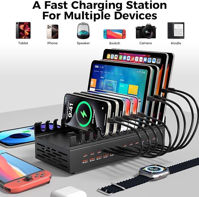 300W USB Charging Station for Multiple Devices, 24 Port USB C Fast Charging