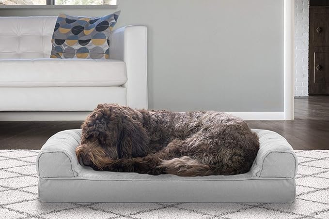 Furhaven Cooling Gel Dog Bed for Medium/Small Dogs w/ Removable Bolsters & Washable Cover, For Dogs Up to 35 lbs - Quilted Sofa - Silver Gray, Medium