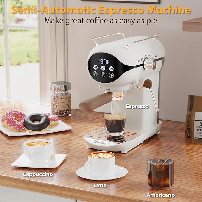 Espresso Machine with Steam Milk Frother Semi Automatic 20 Bar Compact White