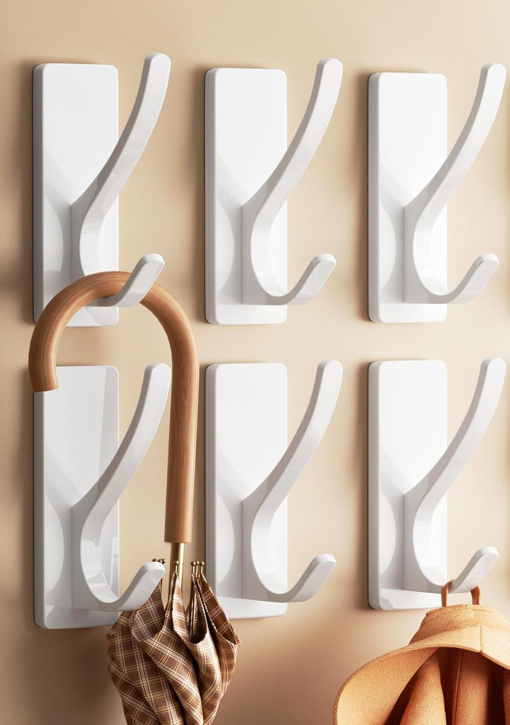 Self Adhesive Coat Hooks for Hanging, Heavy Duty Stainless Double Wall Hook for Towel, Backpack, Hat, Sturdy Metal Hanger for Bathroom, Bedroom, Door, Wall Mounted, 6 Pack, White