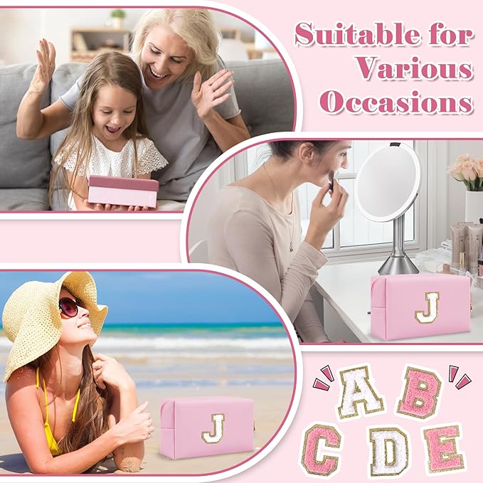 Personalized Initial A-Z Preppy Patch Makeup Bag,Small PU Chenille Letter Cosmetic Bag with Zipper for Teen Girls,Pink Cute Toiletry Organizer Bag,Monogram Makeup Case Gift for Women Girls,Letter J