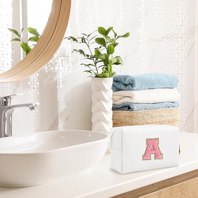 Personalized Makeup Bag Initial A-Z Preppy Patch Bag,Small PU Leather Travel Cosmetic Bag Pouch with Zipper,White Cute Toiletry Bag,Gift Ideal for Teen Girls Women Birthday Friend Mom,Letter A