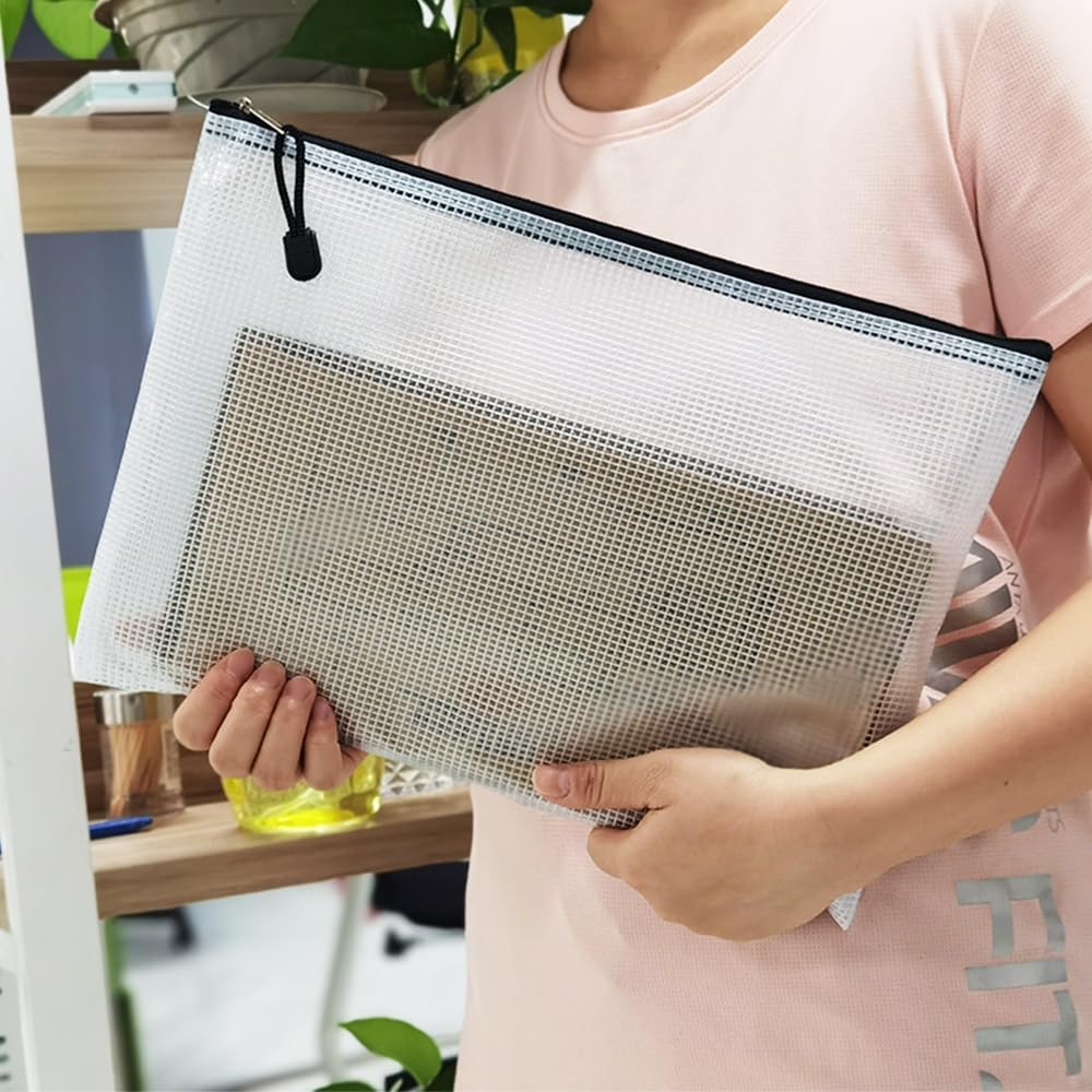 AUSTARK 20 Pcs Zipper File Bags, Plastic Mesh Pouch, Board Game Storage Bag, Waterproof Bags for Office School (A4 Size 13.4''x9.4'', White and Black)