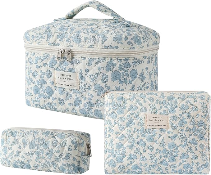 uekeboag Large Travel Quilted Makeup Bag for Women, Floral Cotton Cosmetic Bag, Coquette Aesthetic Floral Toiletry Organizer Bag