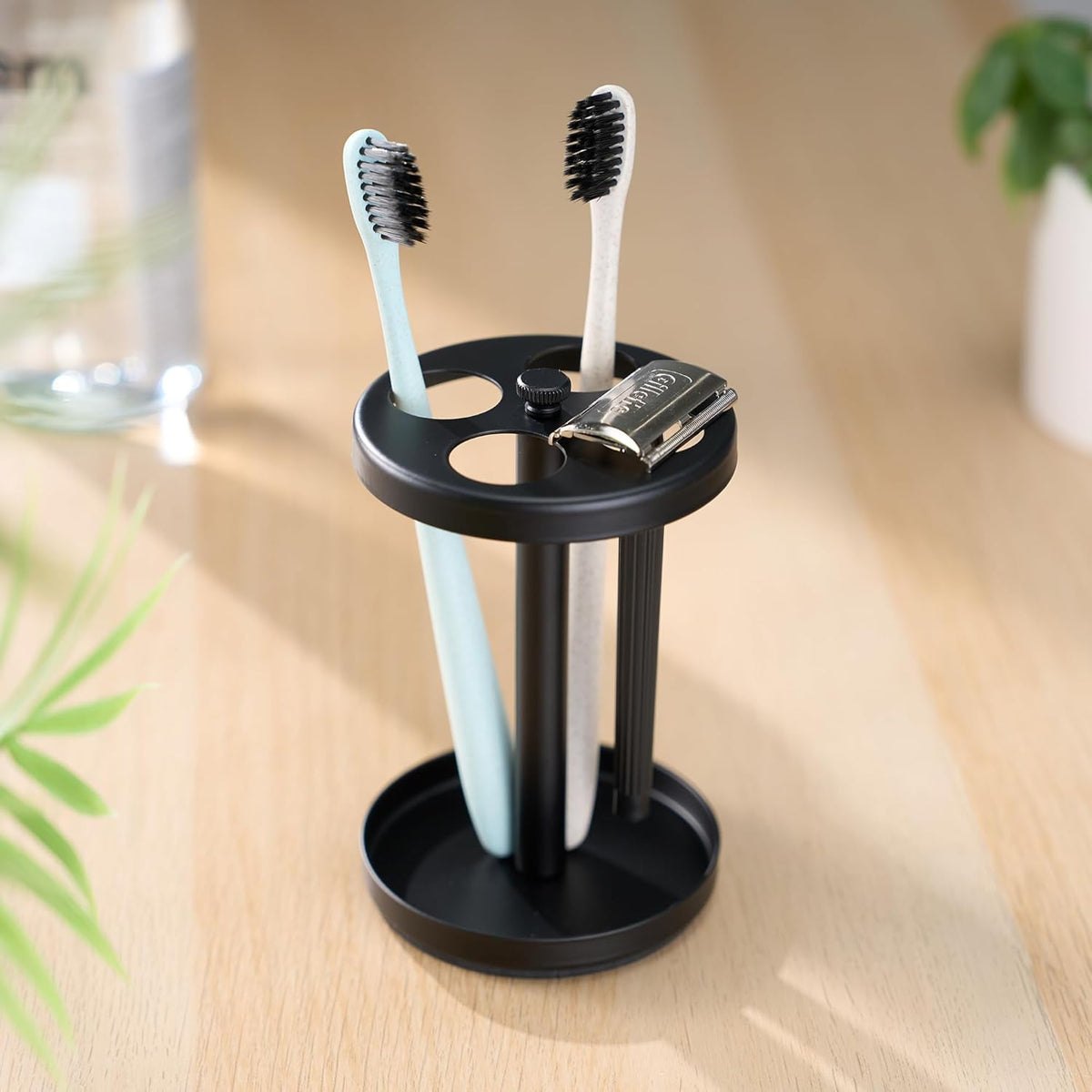 Black Stainless Toothbrush Holder Stand: Rustproof Bathroom Countertop Organizer, 4 Ventilated Slots Hold Manual Toothbrushes, Razor