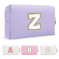 Personalized Makeup Bag Initial A-Z Preppy Patch Bag,Small PU Leather Travel Cosmetic Bag Pouch with Zipper,Purple Cute Toiletry Bag,Gift Ideal for Teen Girls Women Birthday Friend Mom,Latter Z