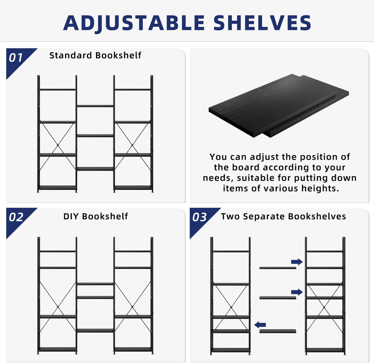 NUMENN Triple Column 4 Tier Bookshelf, Bookcase with 11 Open Display Shelves, Adjustable Rustic Industrial Style Book Shelves, Modern Bookshelves for Bedroom, Living Room and Home Office, Black