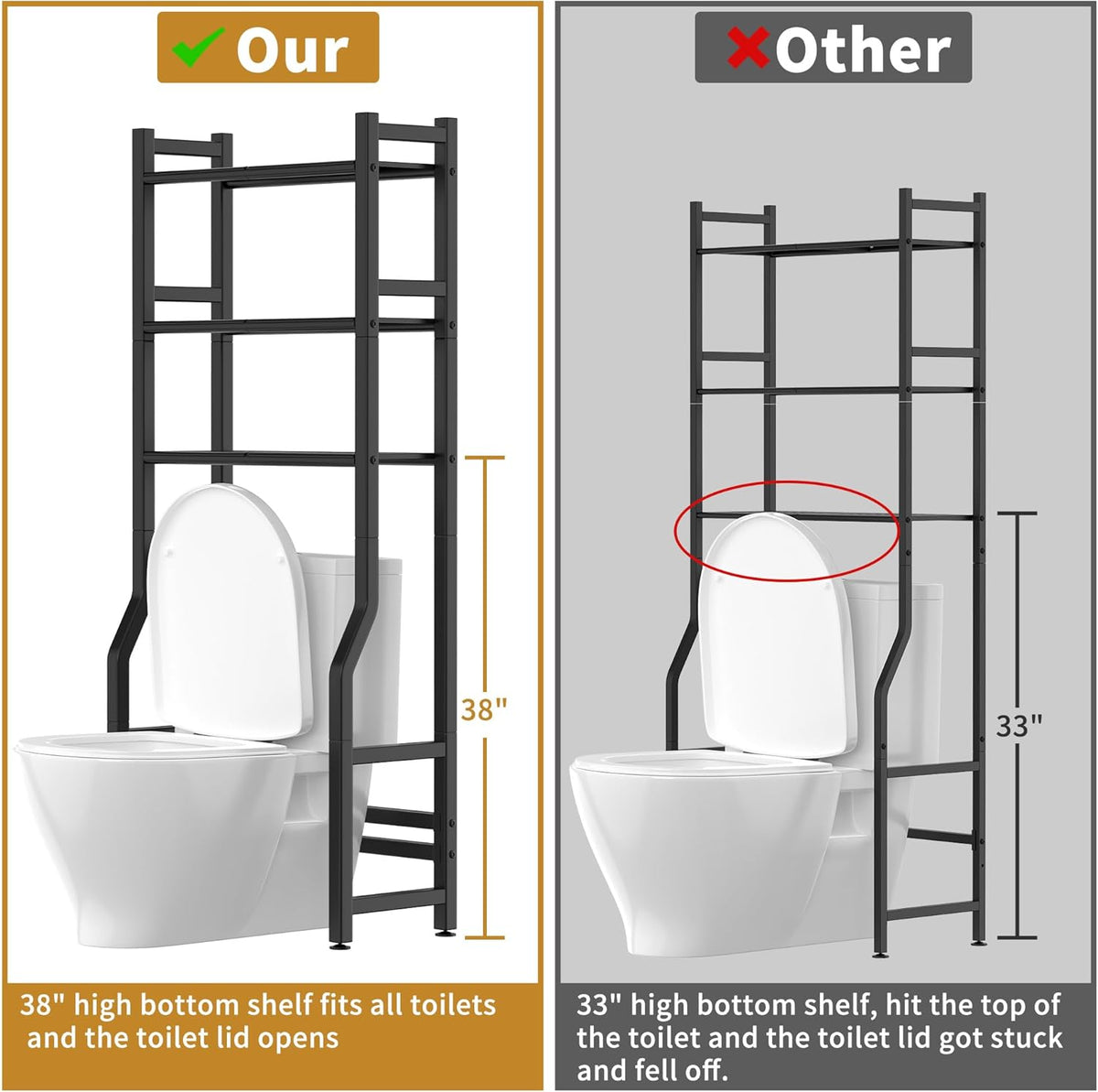 3 Tier Over The Toilet Storage Rack with Toilet Paper Holder, Metal Freestanding Bathroom Shelves with 4 Hooks, Over Toilet Storage Shelf for Bathroom Storage, Black
