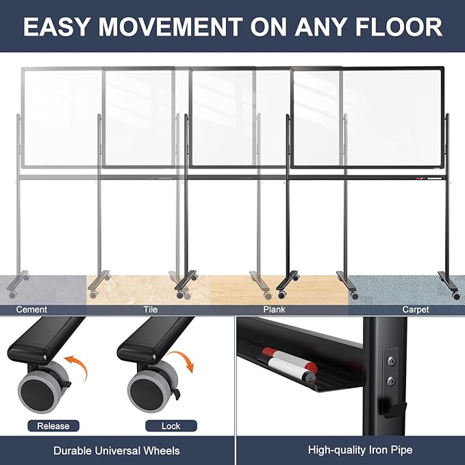 Mobile Clear Glass Whiteboard on Wheels