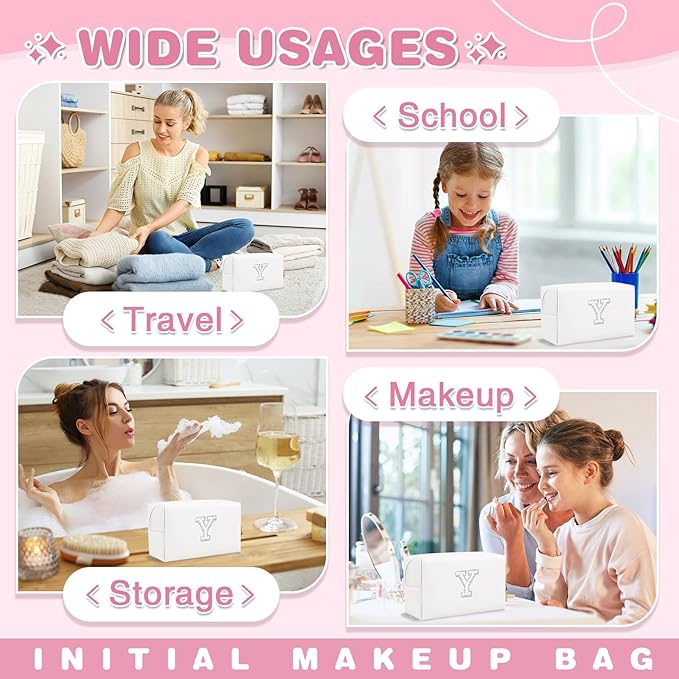 Bride Gifts – Personalized Initial Makeup Bag with Pearl Rhinestone Patch, Preppy White Monogram Cosmetic/Toiletry Pouch, bridesmaid Gifts, Bridal Shower Gifts, Wedding Gifts, Bridal Gifts,Y