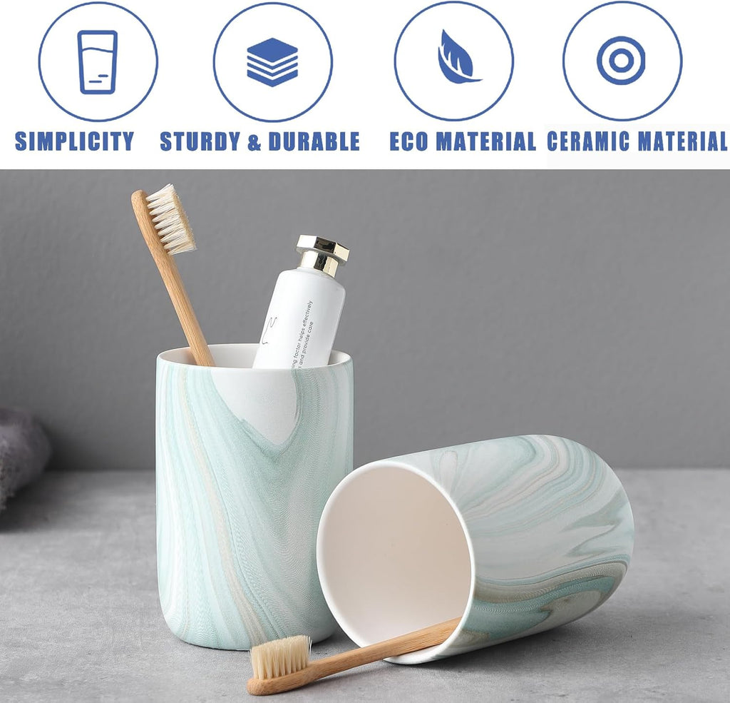 Green Marble Toothbrush Holders - Ceramic Toothbrush Holders for Bathrooms, Toothbrush Toothpaste Holders, Marble Bathroom Tumbler Cups Reusable Toothbrush Mouthwash Cup, Bathroom Counter Organizer