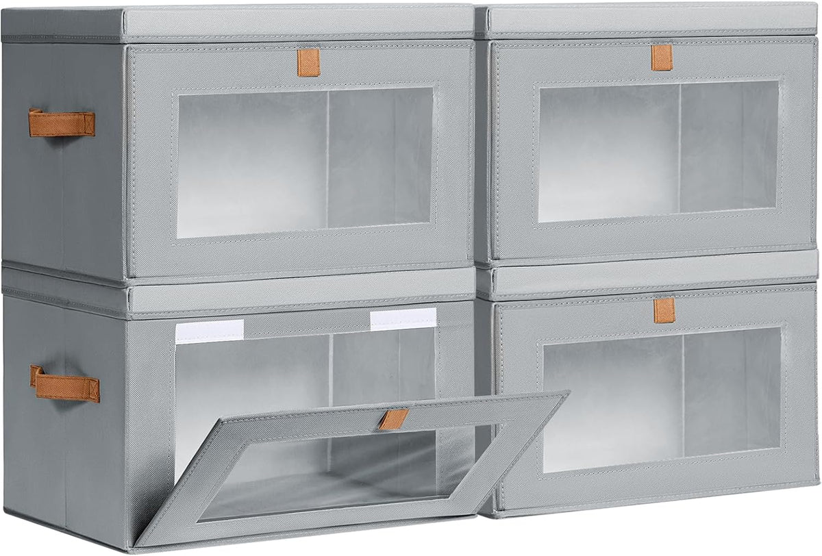 Large Closet Storage Bins - Collapsible Storage Bins with Handles & Window, Fabric Cube Organizer with Lids, Decorative Boxes for Living Room, Closet, Dorm, 4 Pack, Grey