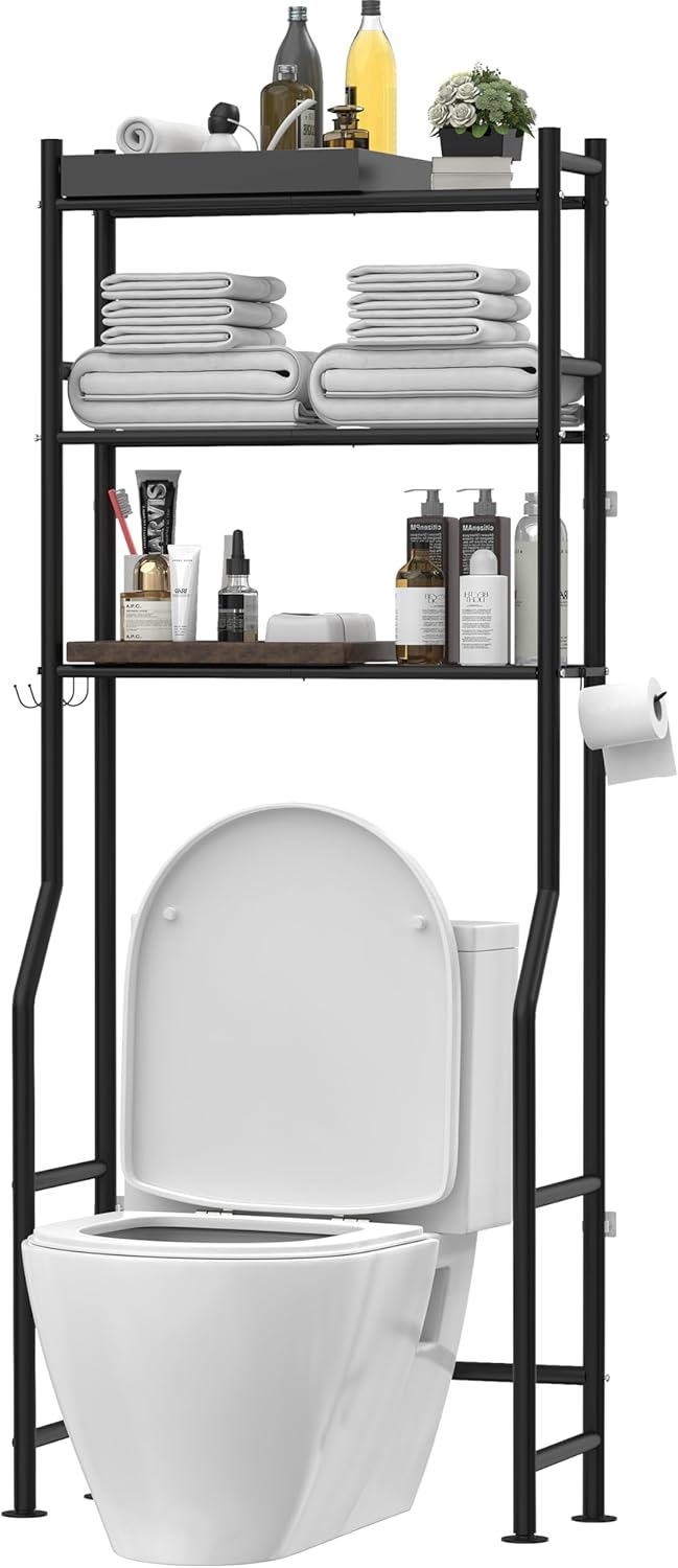 3-Tier Over The Toilet Storage, Freestanding Metal Bathroom Shelves with 4 Hooks, Over Toilet Storage Shelf with Paper Holder, Above The Toilet Shelf for Bathroom Storage, Black