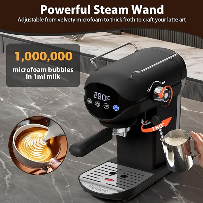 Espresso Machine with Steam Milk Frother Semi Automatic 20 Bar Compact Black