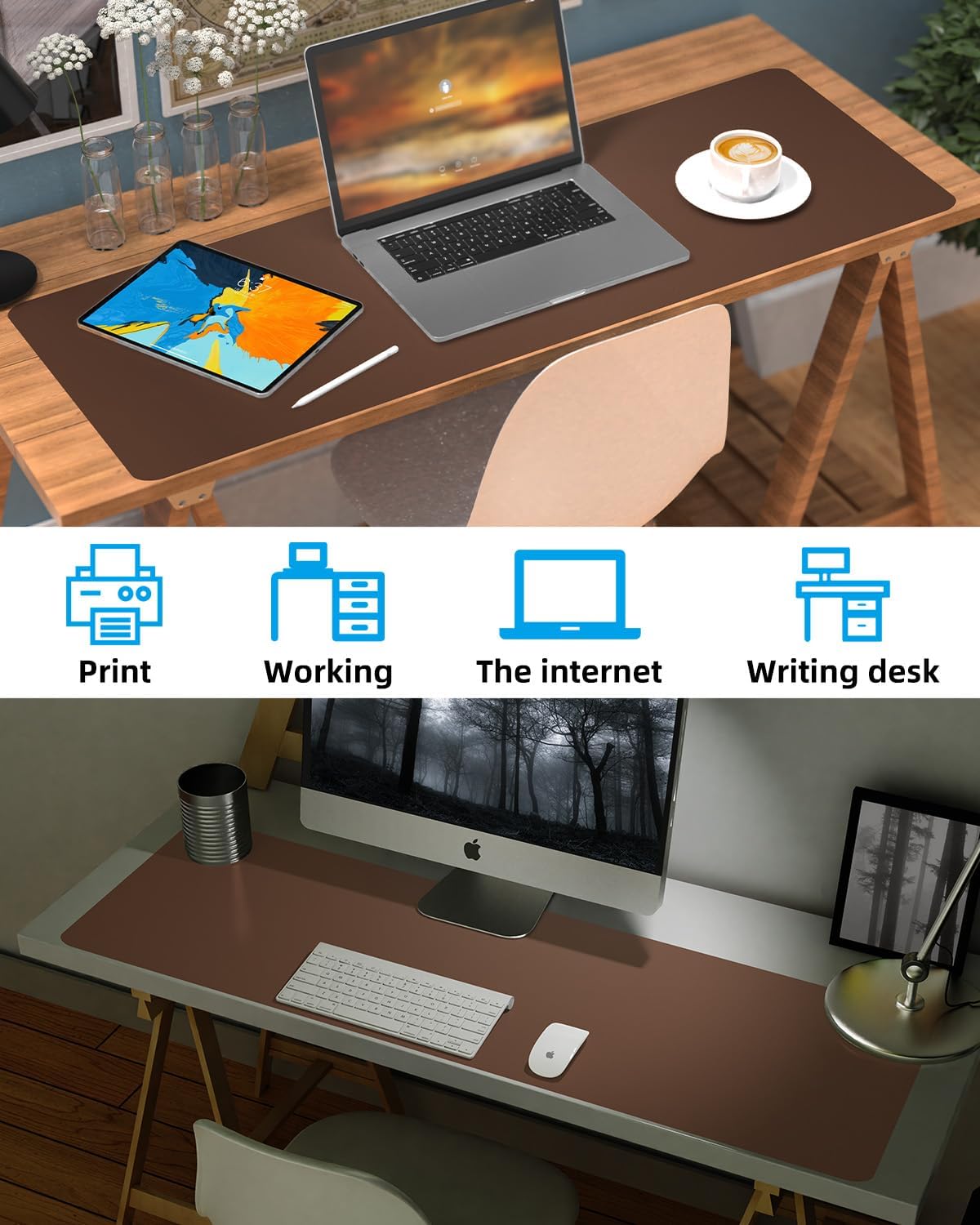 Desk mat Large, Leather Desk Pad Protector,Office Desk Mat,Mouse Pad, Non-Slip Desk Blotter, Laptop Desk Pad, Waterproof Desk Writing Pad for Office&Home (Coffee, 48" x 24")