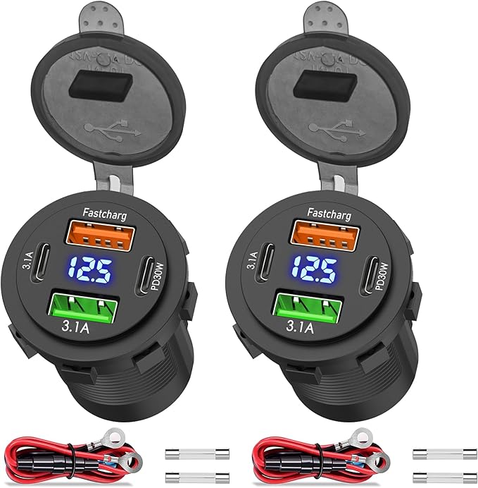 2 Pack 12V USB Outlet 4 Ports Dual USB C PD and Dual Quick Charge 3.0 Car USB Port 12 Volt Car Charger Socket with Voltmeter for Car Boat Marine RV Truck Motorcycle