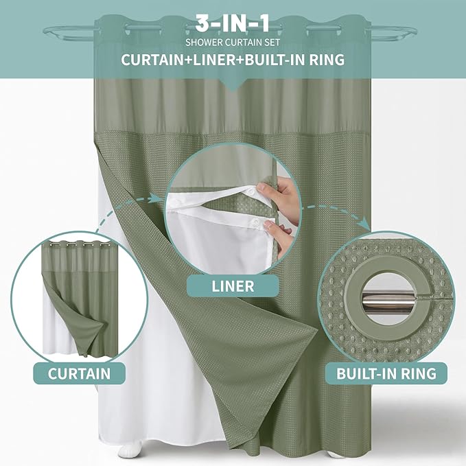 eachope SageGreen No Hook Waffle Weave Shower Curtain with snap-in Liner Replacement, 230GSM Waterproof Fabric Hotel Shower Curtain Set for Bathroom, Through Mesh Top Window,71Wx77H