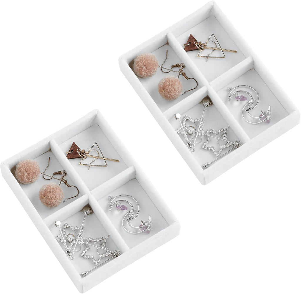 Frebeauty Small Jewelry Tray Set,Stackable Velvet Jewelry Organizer Tray,Mini Jewelry Drawer Organizer,Drawer Inserts,4.92 x 3.74 x 0.9 Inches,4 Grid Earring Organizer for Women(Set 2,White)