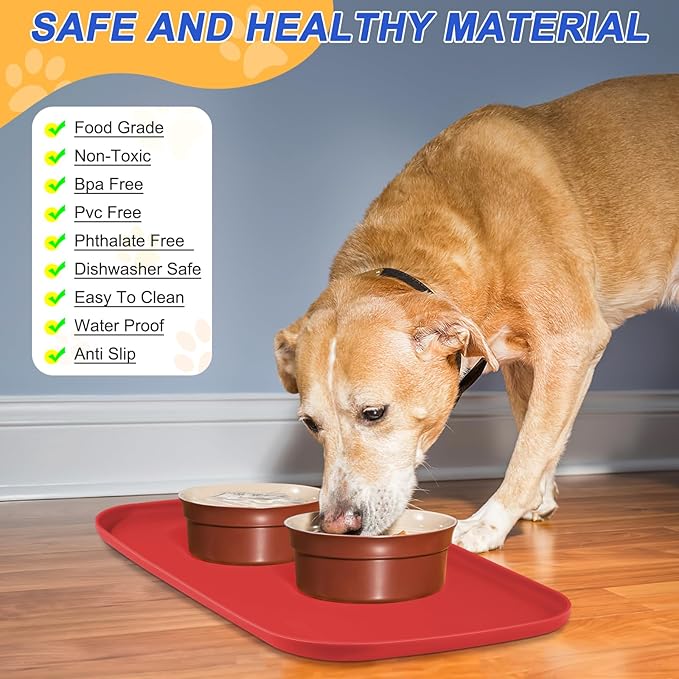SMILOOL Silicone Pet Feeding Mat with Raised Edge for Food and Water, Dog Bowl Mats, Cat Bowls Placemat with High Lip for Floor Waterproof, Rubber Tray for Cats and Dogs 22 x 14 x0.8 Red