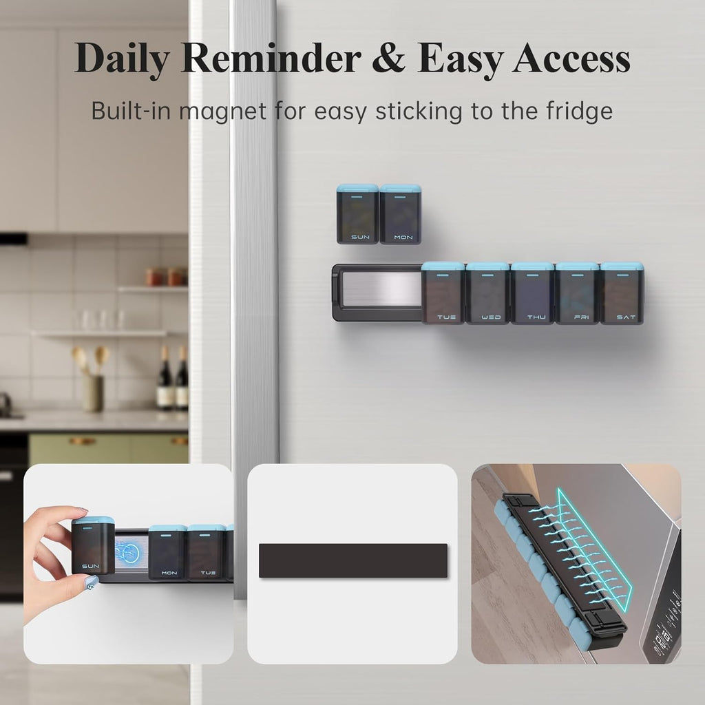 Weekly Pill Organizer Magnetic, Removable Pill Box 7 Day 1 Time a Day, Large Pill Case Travel, Week Once Daily Medication Dispenser, Medicine Container Holder for Supplement Vitamin, Blue