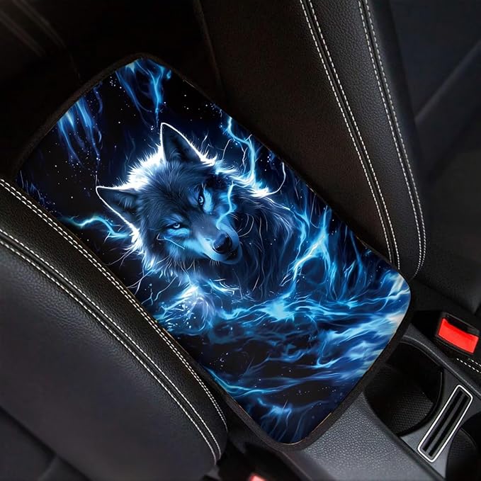 Horeset Lightning Wolf Car Armrest Cover Center Console Decor Protector, Anti-Scratch Auto Arm Rest Cushion Easy to Install