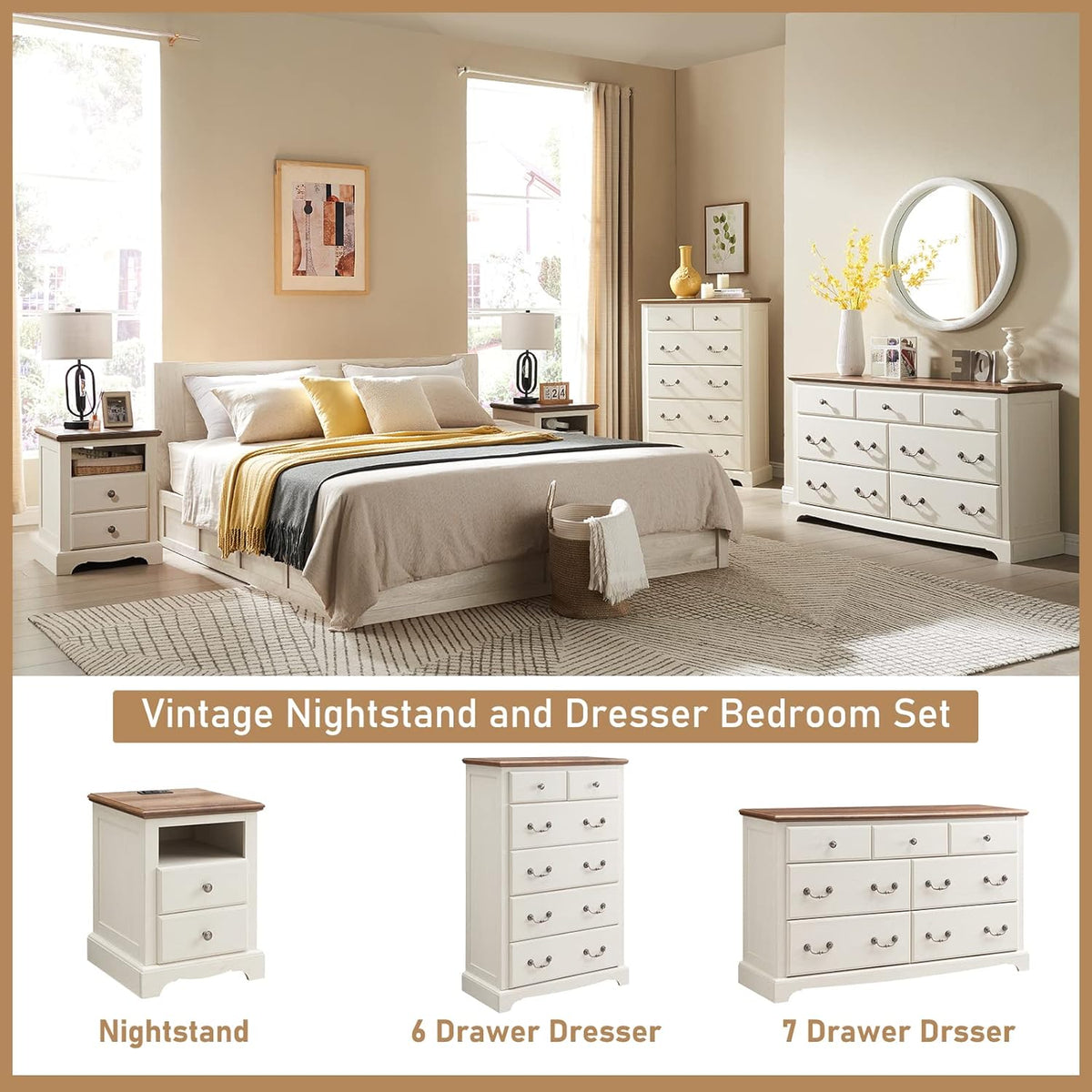 T4TREAM 7 Drawers Dresser Chests for Bedroom, Wood Vintage Chests of Drawers, Rustic Dressers Chset Organizer for Bedroom, Living Room, Hallway, Antique White