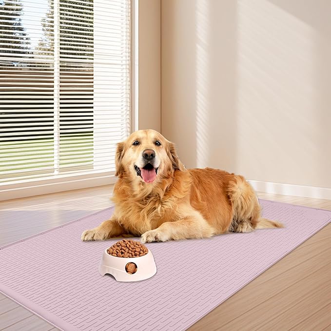 Bartuke Dog Food Mat, Extra Large 34" x 22" Silicone Pet Feeding Mat with Raised Edge Pet Placemat for Small, Medium, and Large Pets Non-Slip, Easy to Clean (Pink)