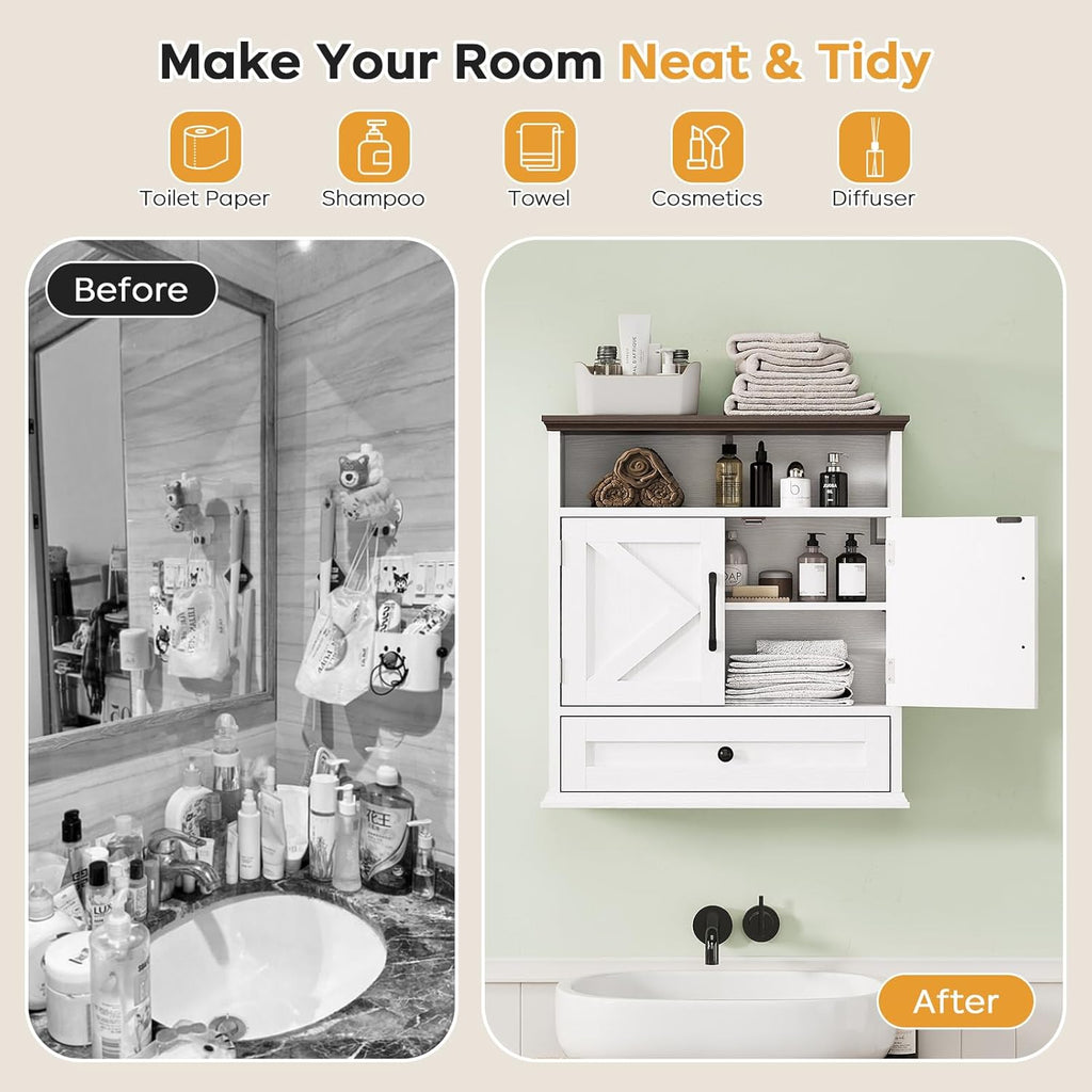 Bathroom Wall Cabinet, Wall Mounted Medicine Cabinet with Drawer, Barn Doors & Adjustable Shelf, 24.4"H x 23.6"W x 9"D White Over Toilet Farmhouse Storage Cabinet for Kitchen, Laundry Room, Entryway