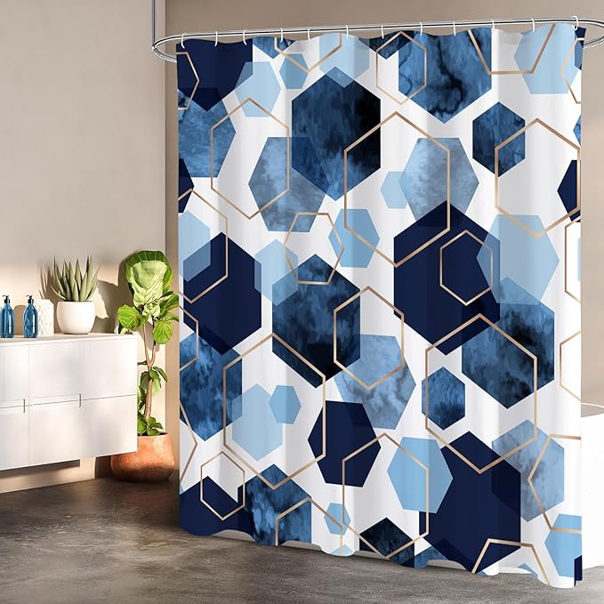 Litabel Modern Extra Long Shower Curtain for Bathroom, Blue Geometric Art Decor Waterproof Bath Curtain, Abstract Fabric Shower Curtain Sets for Home Decor, 72x84 Inch