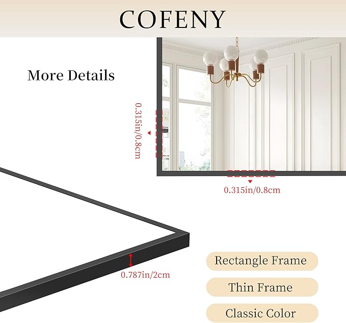 Black Bathroom Mirror for Wall, 55x30 Inch Rectangle Mirrors