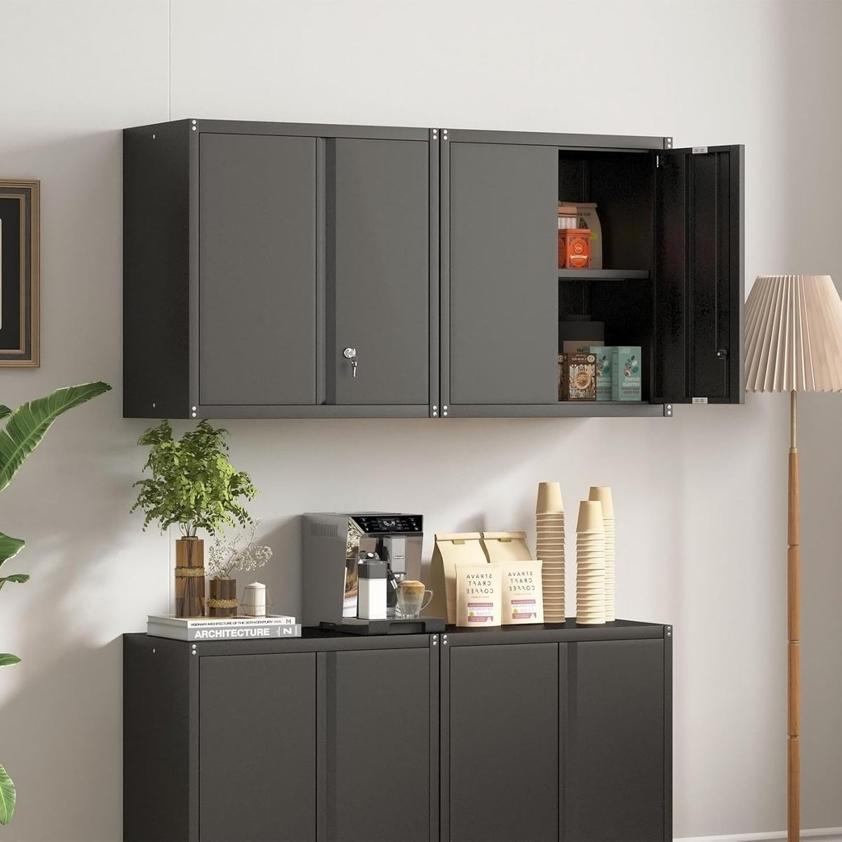 LUCYPAL Garage Storage Cabinet,27.95" H Metal Wall Cabinets with Locking Doors and Adjustable Shelves,Steel Hanging Storage Cabinet for Home Office,Kitchen,Basement,Black