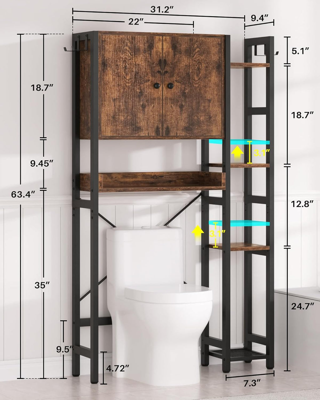 Over The Toilet Storage Cabinet with Doors - 7 Tier Bathroom Organizer with Adjustable Shelf, Freestanding Space Saver Rack Above Toilet Stand with 4 Hooks for Bathroom, Restroom, Laundry, Rustic