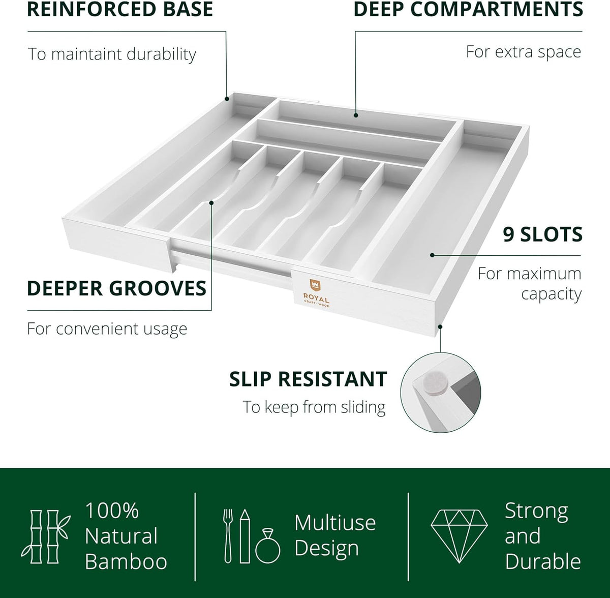 ROYAL CRAFT WOOD Luxury Bamboo Kitchen Drawer Organizer - Silverware Organizer - Utensil Holder and Cutlery Tray with Grooved Drawer Dividers for Flatware and Kitchen Utensils (9 Slot, White)
