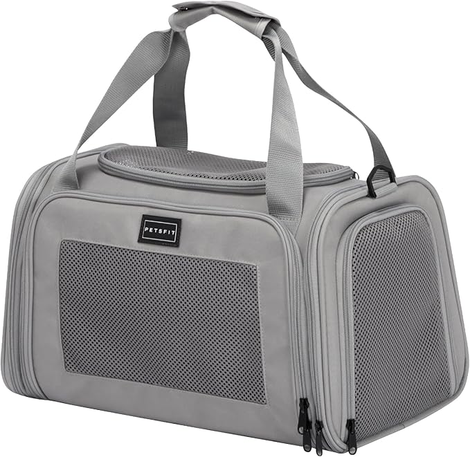 PETSFIT Cat Carrier Airline Approved, Soft Carrier for Small and Medium Cats Under 12 Lbs, Soft Cat Travel Bag, Kitten Carrier with Extendable Mat, Grey