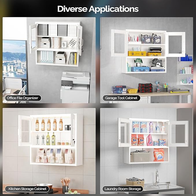 VINGLI Metal Wall Cabinet with Locking Glass Doors, Adjustable Shelf, Wall