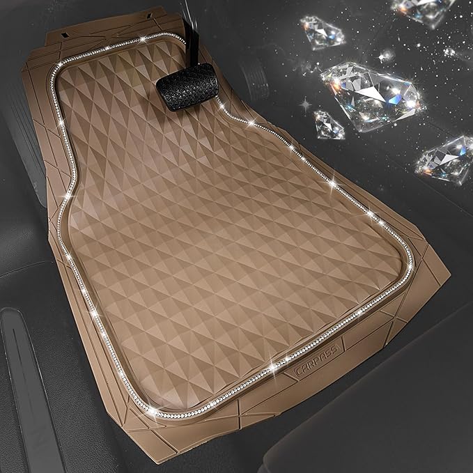 CAR PASS Bling Diamond Rubber Car Mats, Heavy Duty Deep Dish All-Weather Floor Mat Full Set Anti-Slip 3D Rhombus Waterproof Trim Fit Liner Universal Glitter Sparkly Shining Rhinestone, Beige Rubber