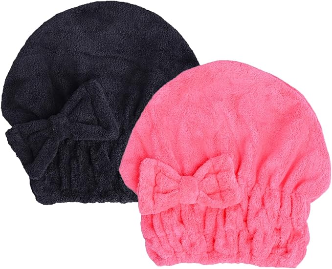 HOPESHINE Microfiber Hair Towel Cap for Women Wet Short or Long Curly Hair Super Absorbent Quick Dry Turbans Anti Frizz Great Gift for Women and Girls (Black+Rose red, 2)