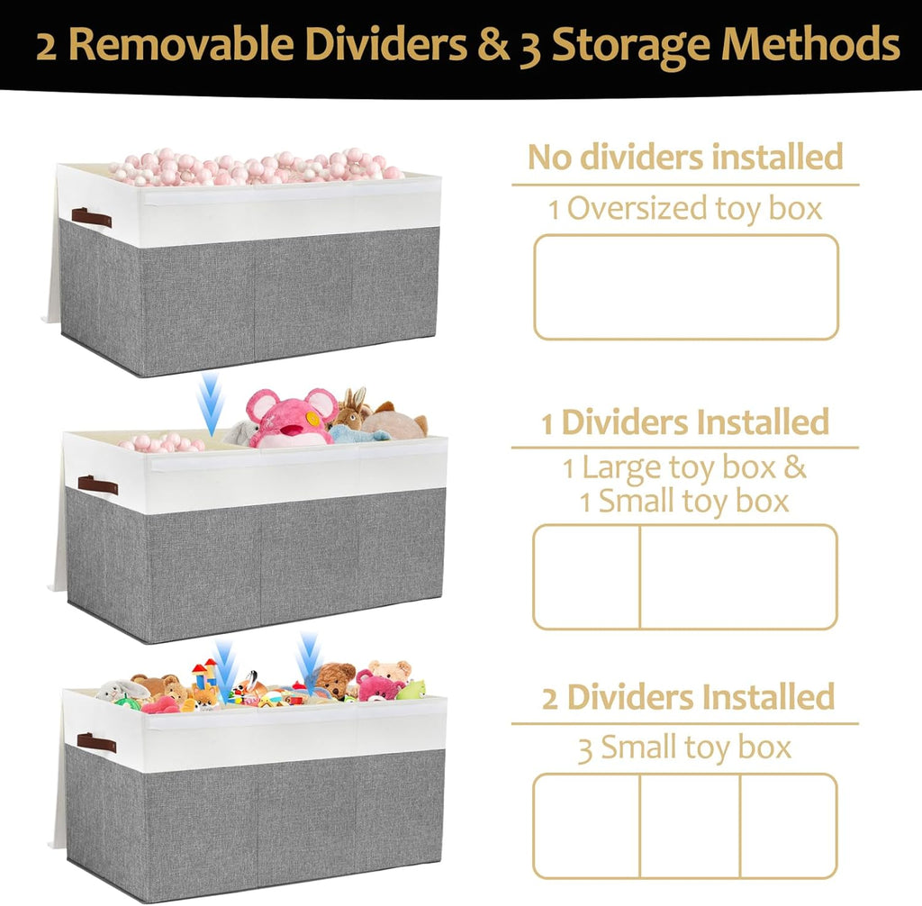 Extra Large Toy Storage Box with Lid, Sturdy Toys Storage Chest Bin Organizer Basket with Dividers for Kids, Boys, Girls, Nursery, Closet, Bedroom, Playroom 35.5"x17" x17"(Grey and White)